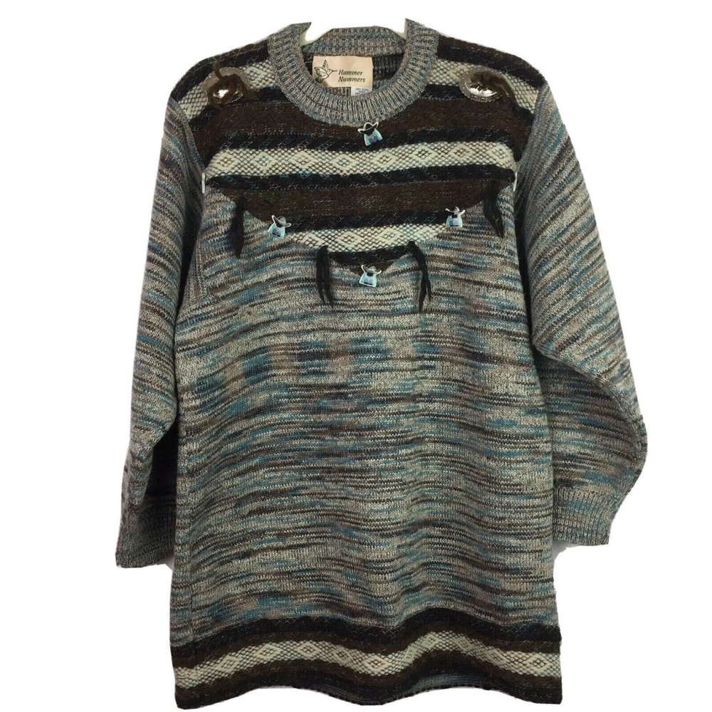 Southwestern Womens Long Med Wool Sweater Brown Turquoise‎ Hummer Nummers Siesta